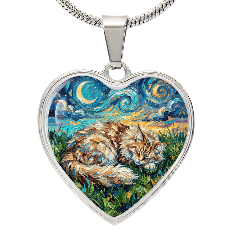 Sleepy Maine Coon Night Heart Necklace