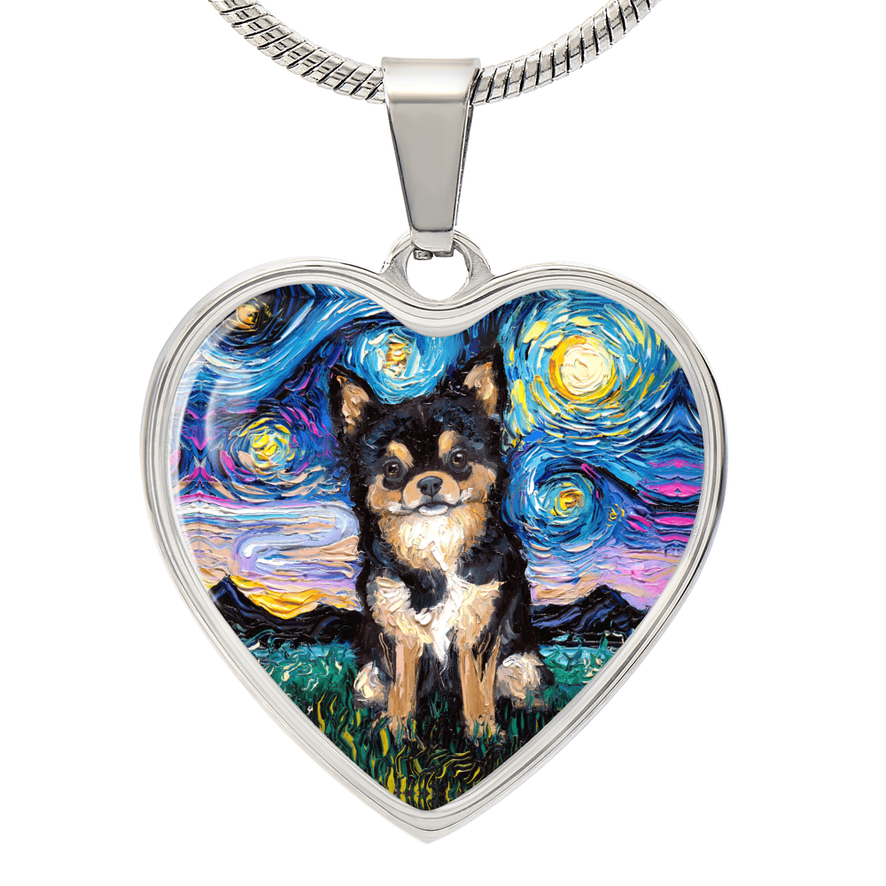 Long Hair Black and Tan Chihuahua Starry Night Heart Necklace