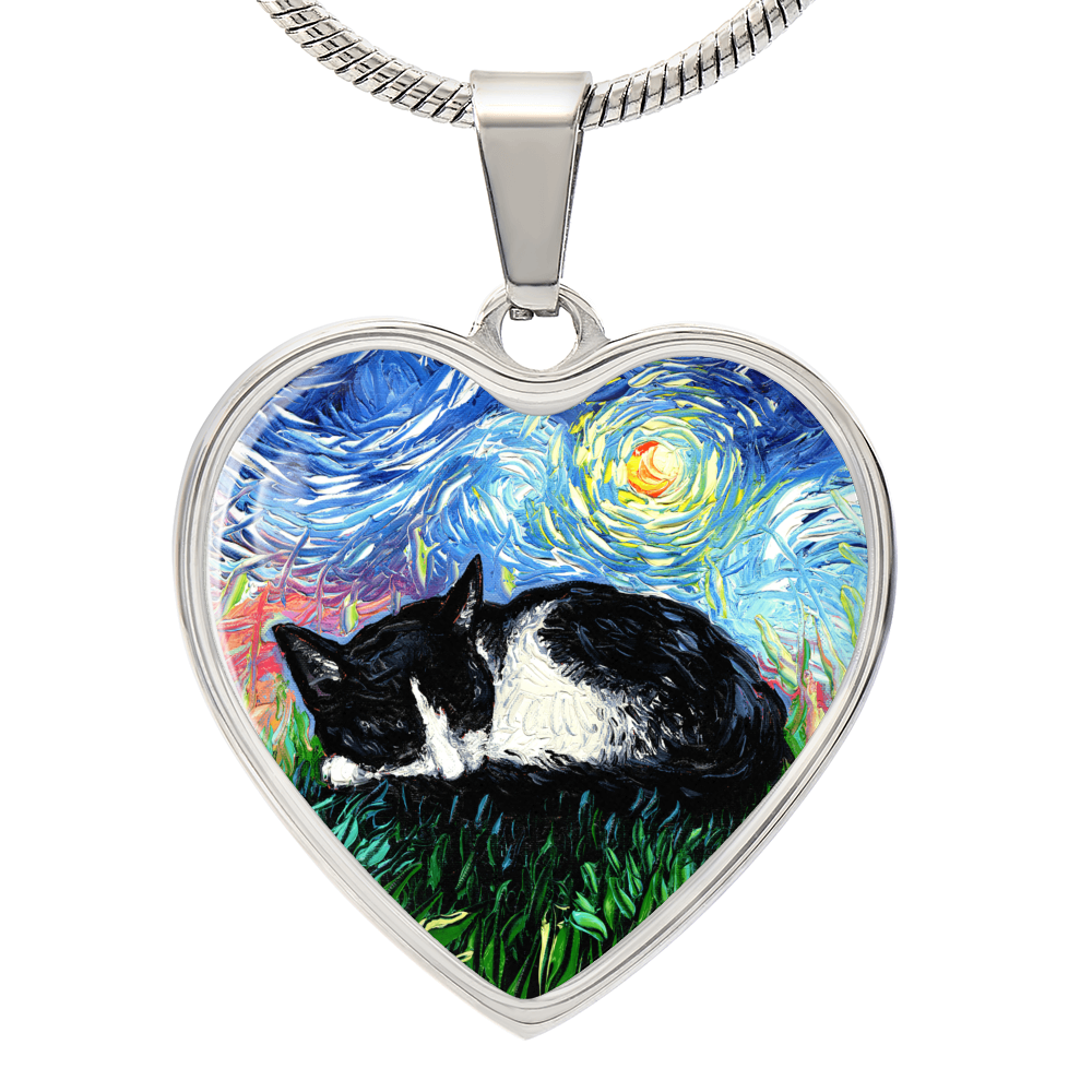 Sleepy Tuxedo Kitten Starry Night Heart Necklace