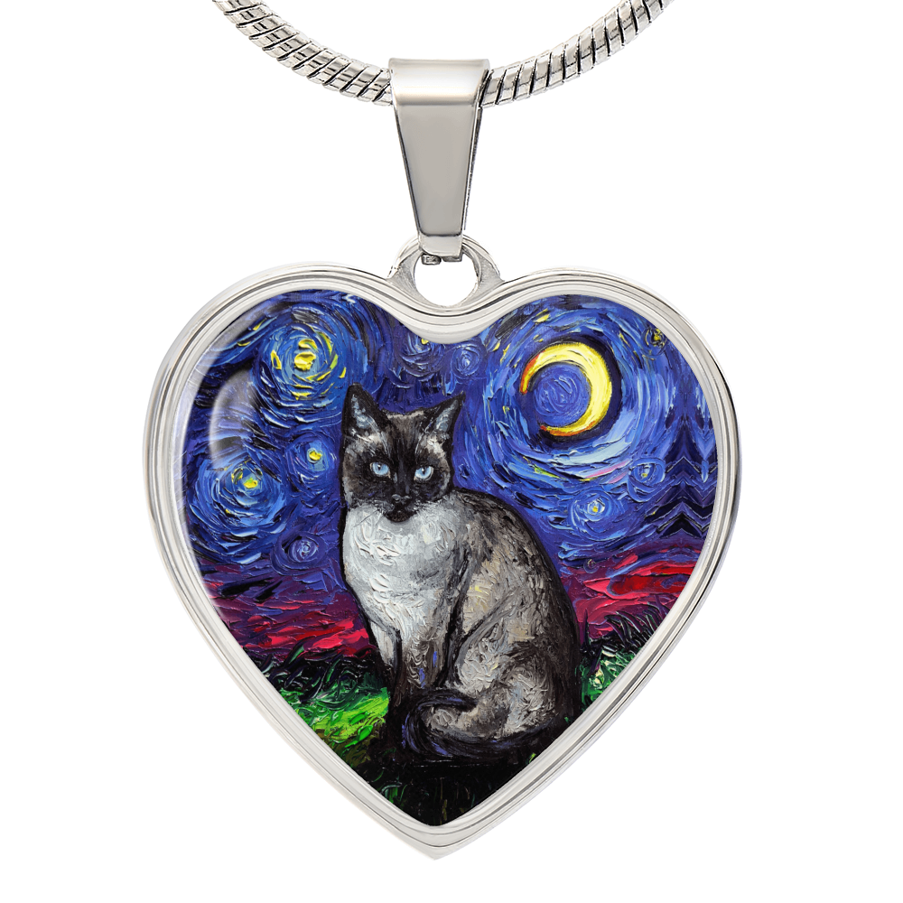 Siamese Cat Starry Night Heart Necklace