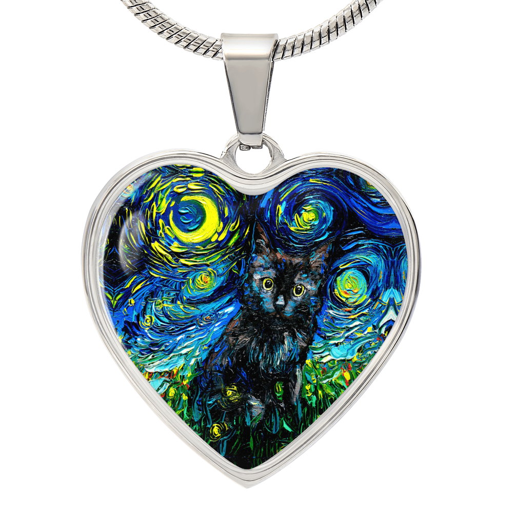 Black Cat Portrait Starry Night Heart Necklace