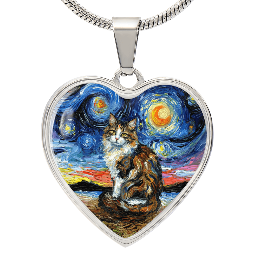 Calico Cat 2 Starry Night Heart Necklace