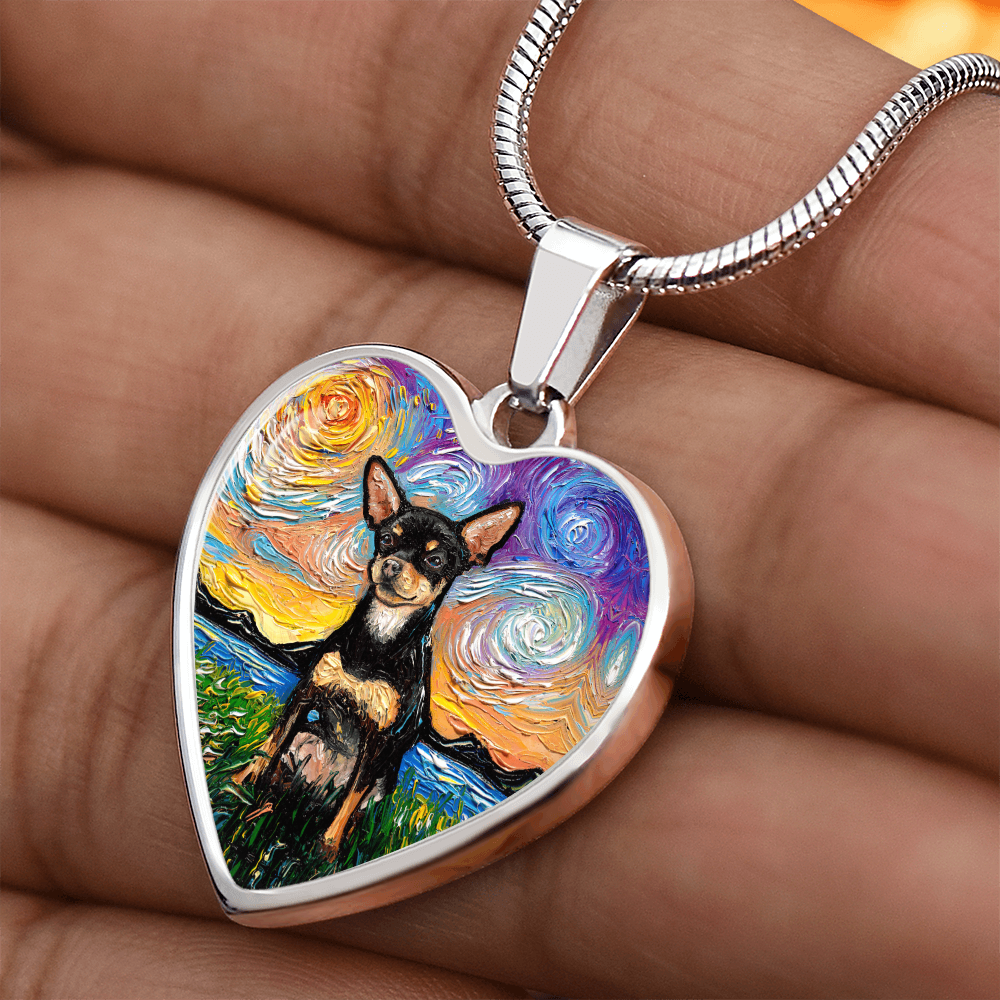 Black and Tan Chihuahua Starry Night Heart Necklace