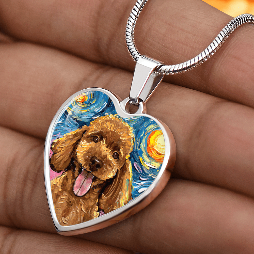 Apricot Poodle Portrait Starry Night Heart Necklace