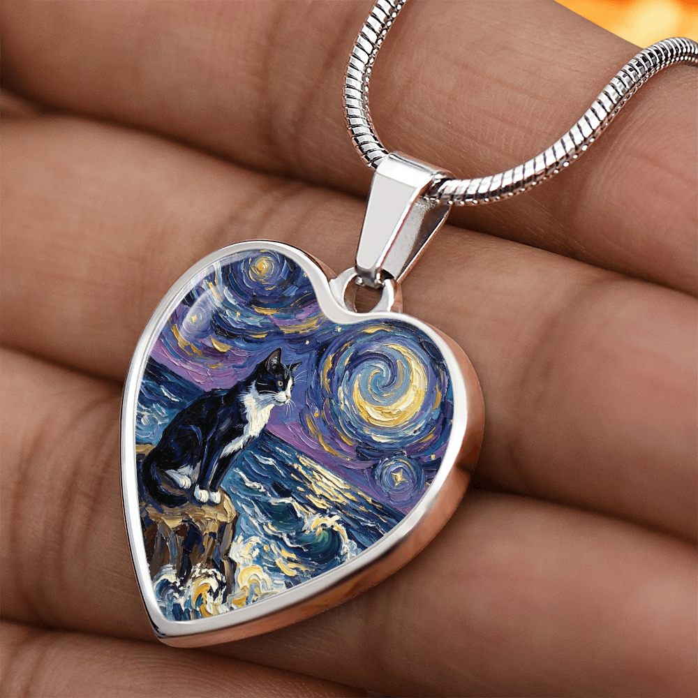 Beach Nights - Tuxedo Cat Heart Necklace