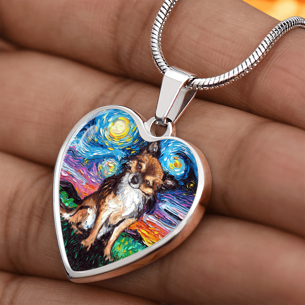 Long Hair Brown Chihuahua Starry Night Heart Necklace