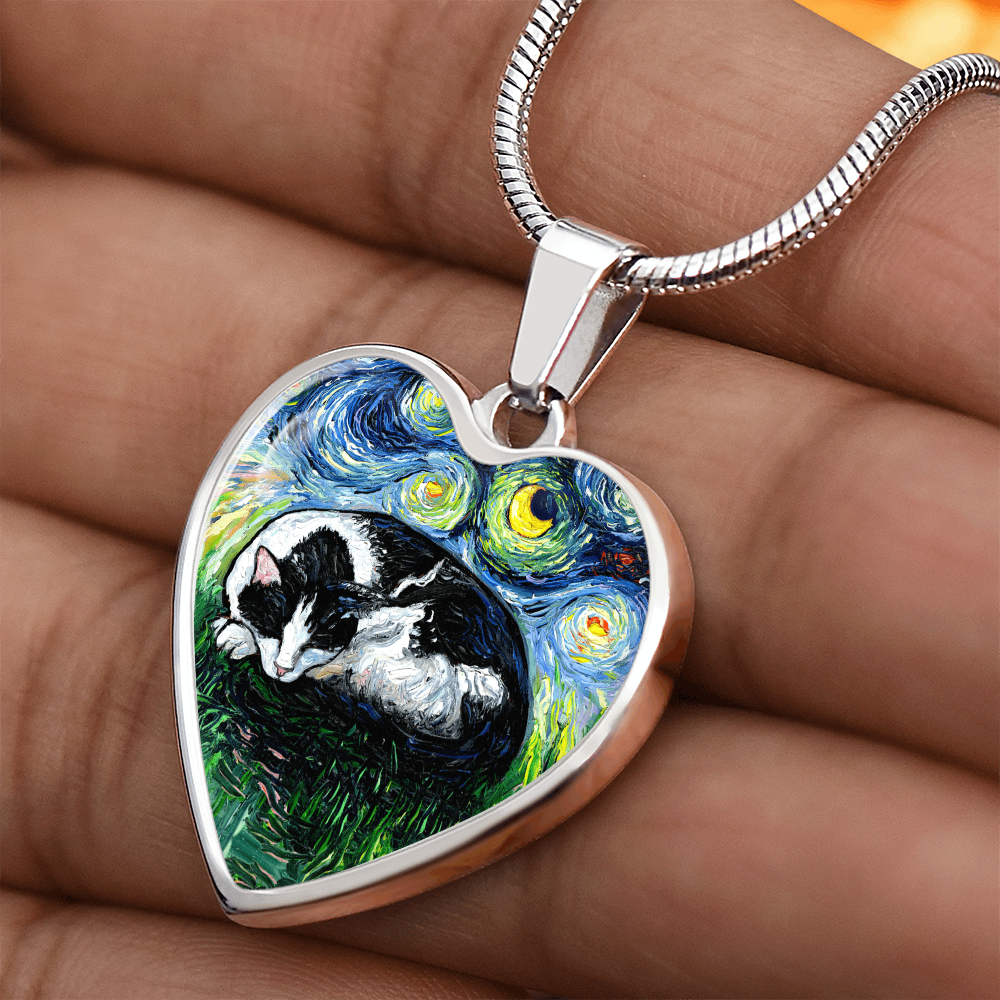 Sleeping Tuxedo Cat Starry Night Heart Necklace