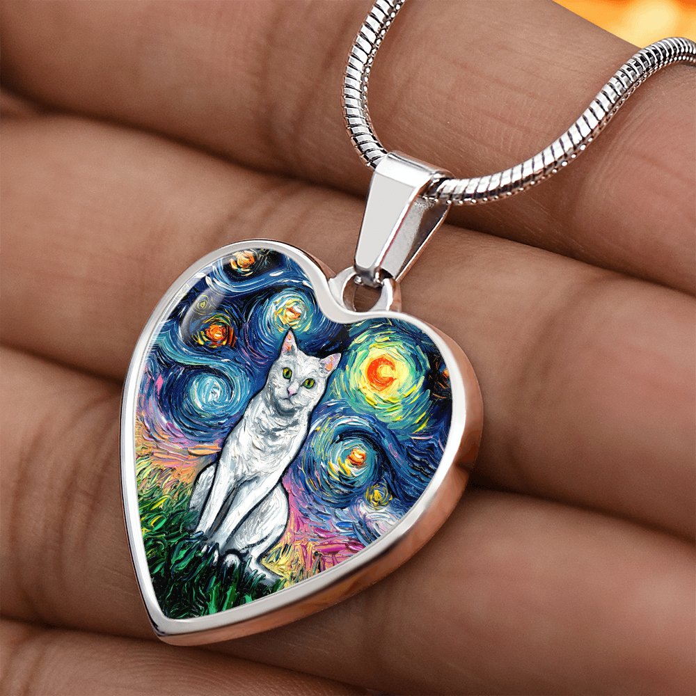 Seated White Cat Starry Night Heart Necklace