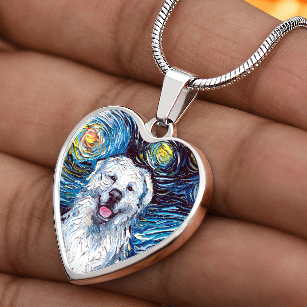 Great Pyrenees Portrait Starry Night Heart Necklace