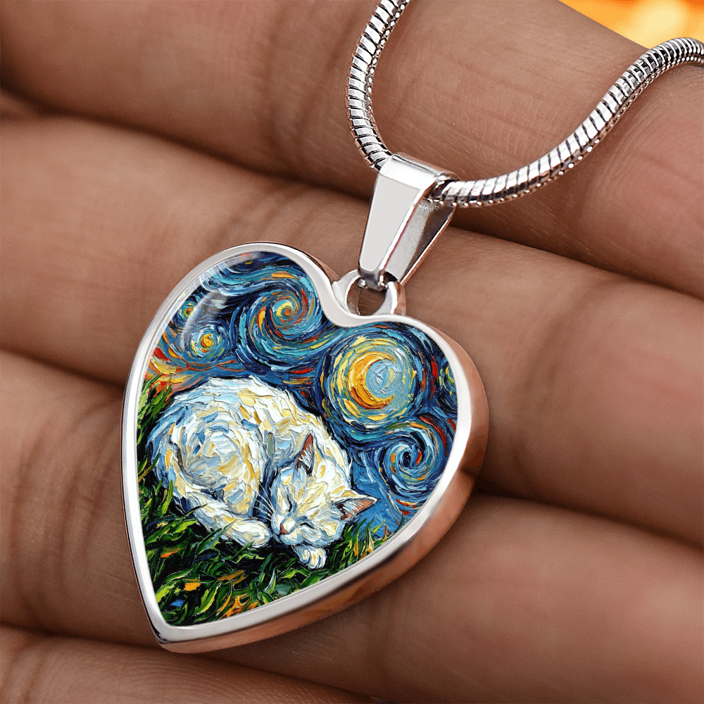 Sleepy White Cat Night Heart Necklace