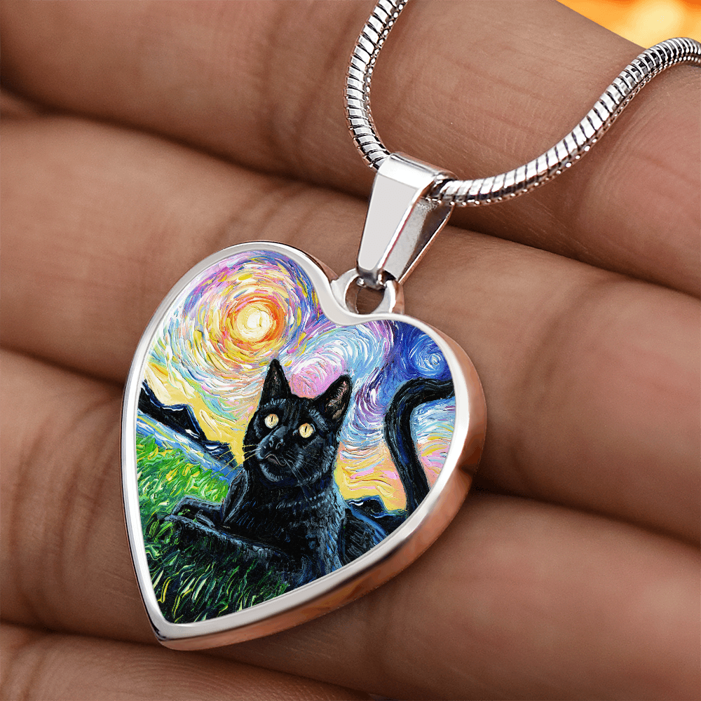 Black Cat and Sunset Starry Night Heart Necklace