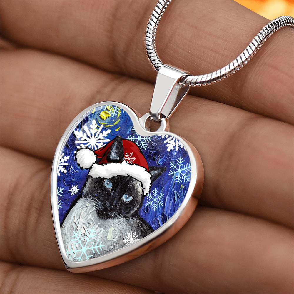 Siamese Cat Christmas Heart Necklace
