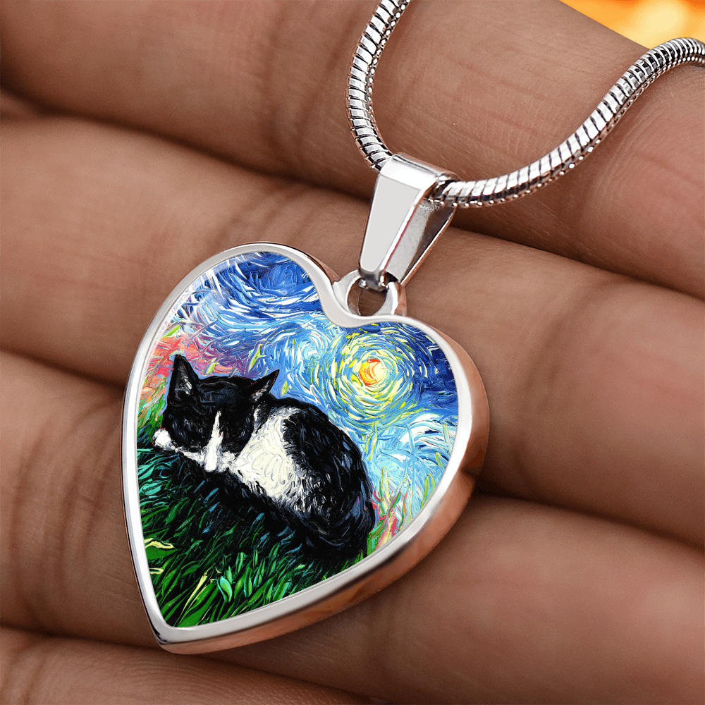Sleepy Tuxedo Kitten Starry Night Heart Necklace