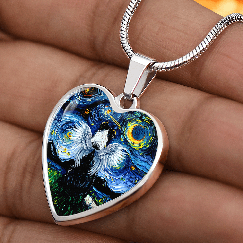 Angel Border Collie Starry Night Heart Necklace