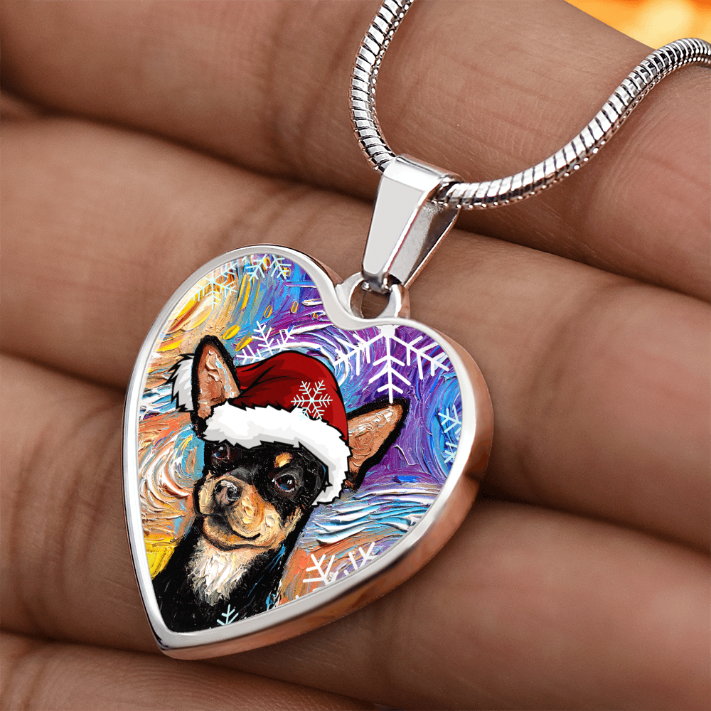Santa Black and Tan Chihuahua Heart Necklace