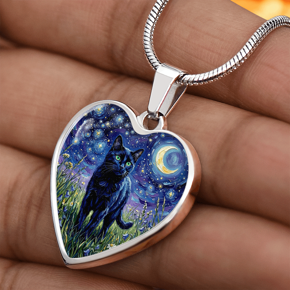 Amongst The Flowers - Black Cat Heart Necklace