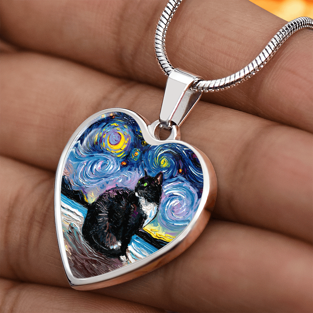 Tuxedo Cat with Green Eyes Starry Night Heart Necklace