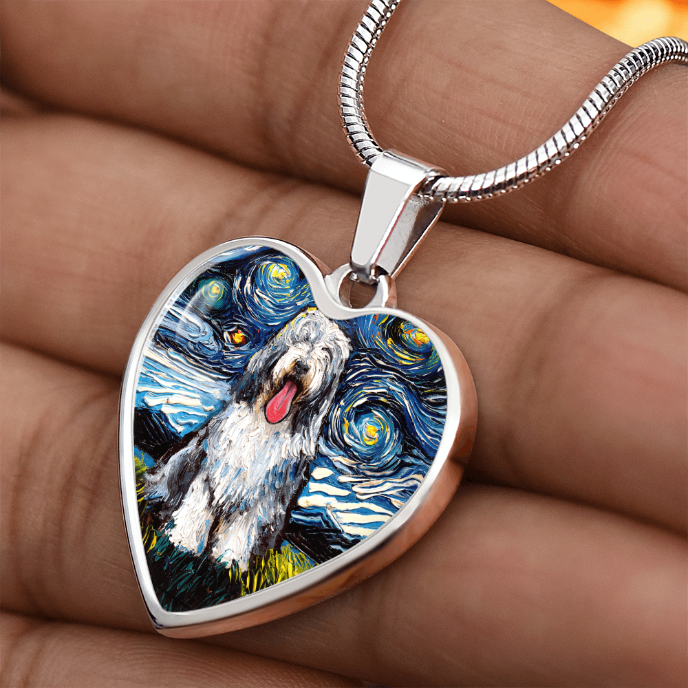 Bearded Collie Starry Night Heart Necklace