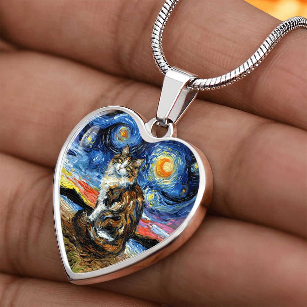 Calico Cat 2 Starry Night Heart Necklace