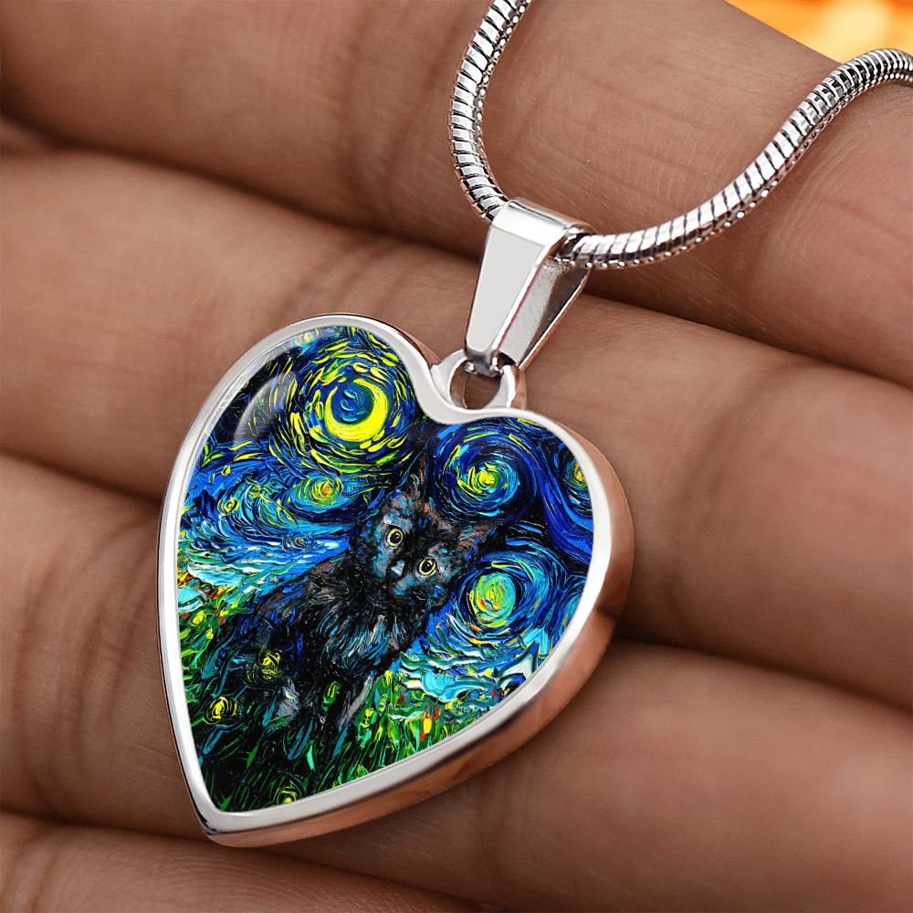 Black Cat Portrait Starry Night Heart Necklace