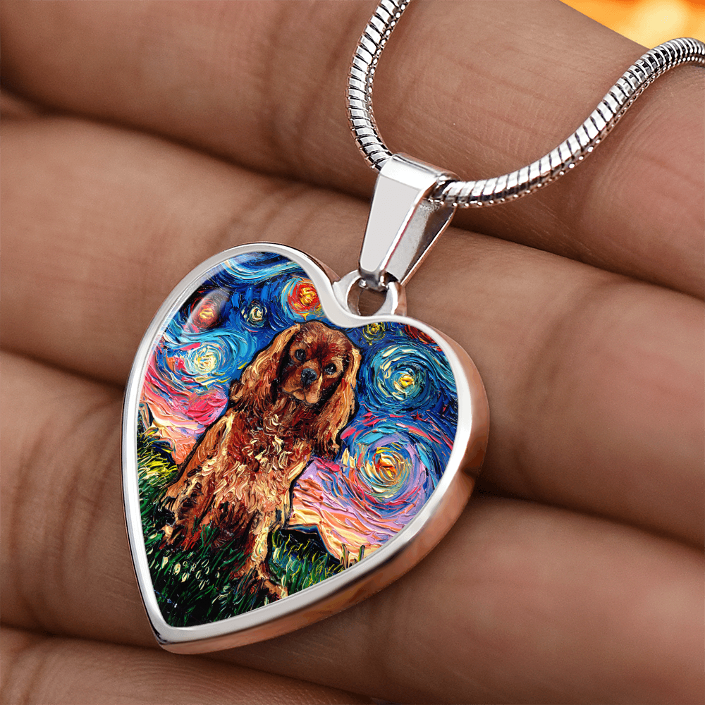Ruby Cavalier King Charles Spaniel Starry Night Heart Necklace