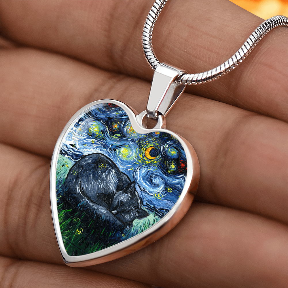 Sleeping Black Cat Starry Night Heart Necklace