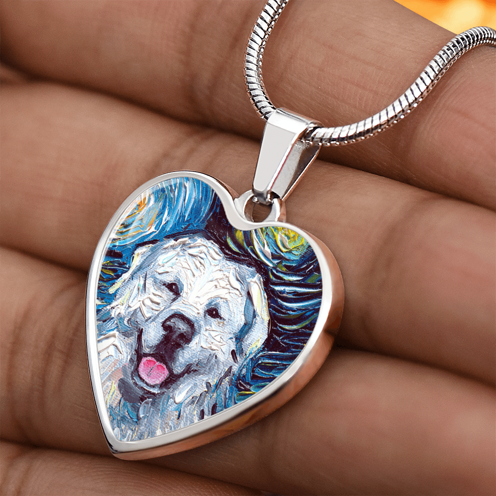 Great Pyrenees Portrait Starry Night Heart Necklace