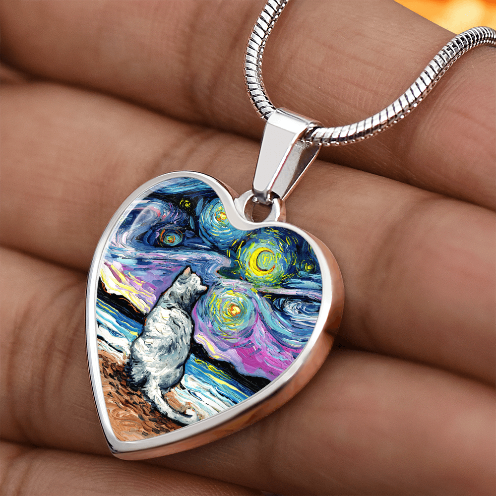 White Cat Beach Starry Night Heart Necklace