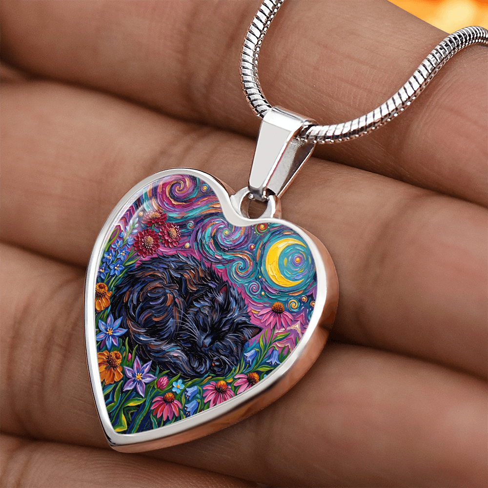 Amongst The Flowers - Sleepy Black Cat Heart Necklace