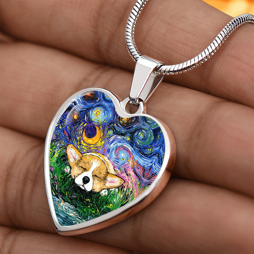 Sleeping Corgi Starry Night Heart Necklace