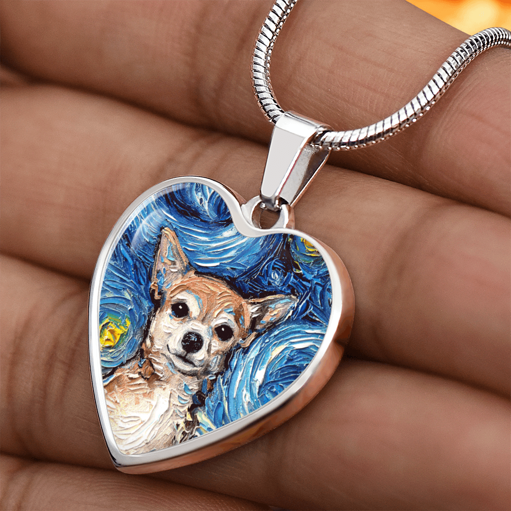 Chihuahua Portrait Starry Night Heart Necklace