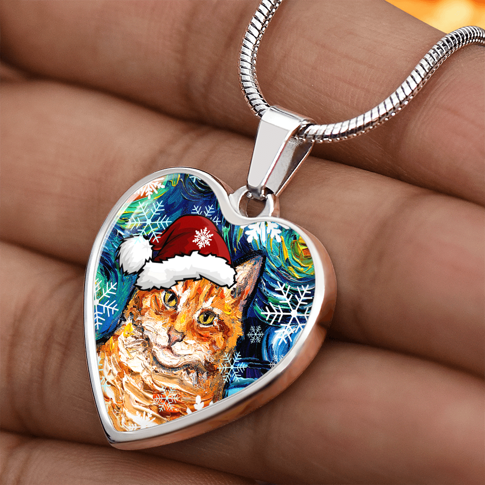 Orange Tabby Christmas Heart Necklace