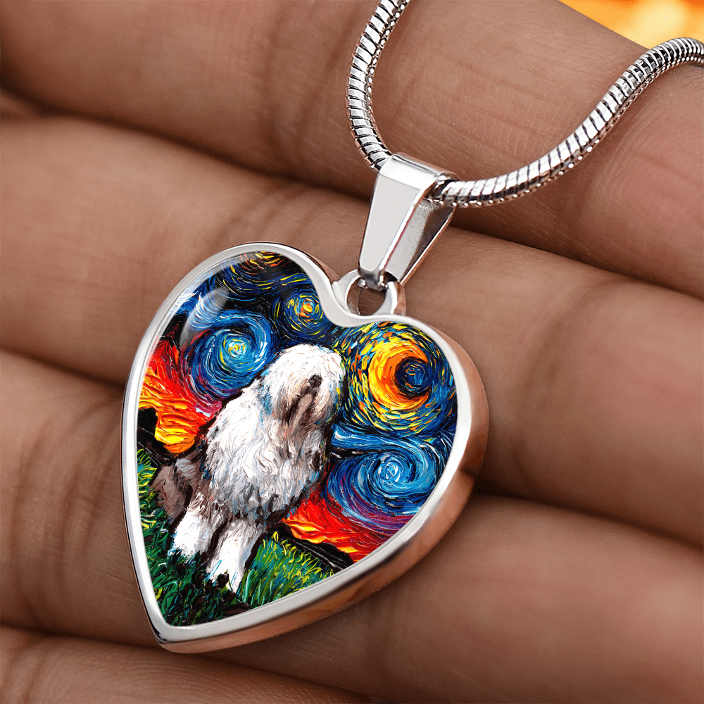 English Sheepdog Starry Night Heart Necklace