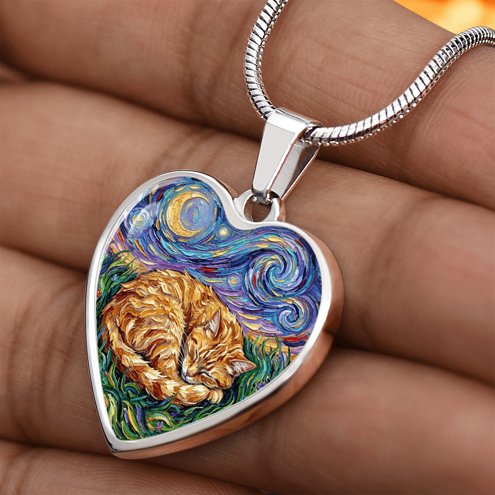 Sleepy Orange Tabby Night Heart Necklace