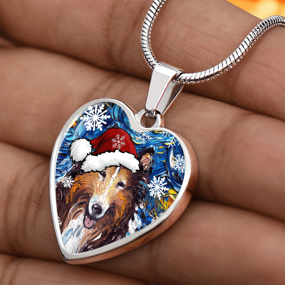 Collie In Santa Hat Starry Night Heart Necklace