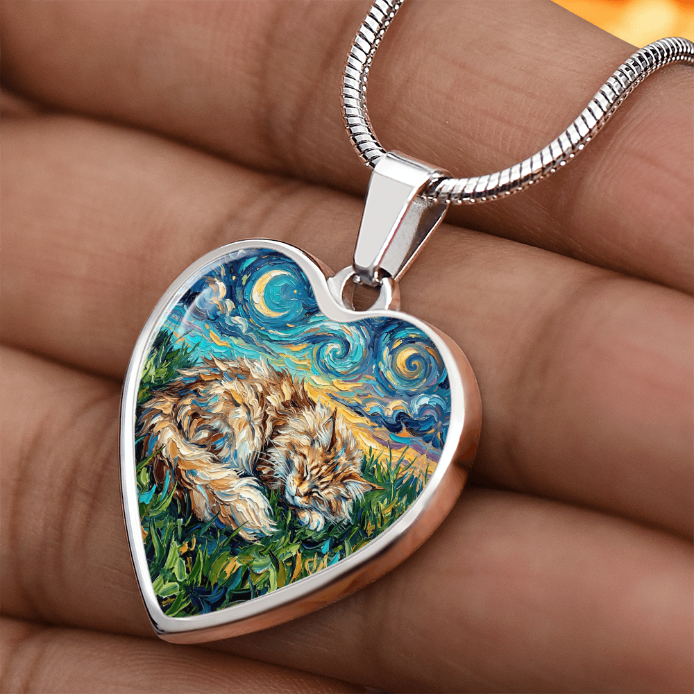 Sleepy Maine Coon Night Heart Necklace
