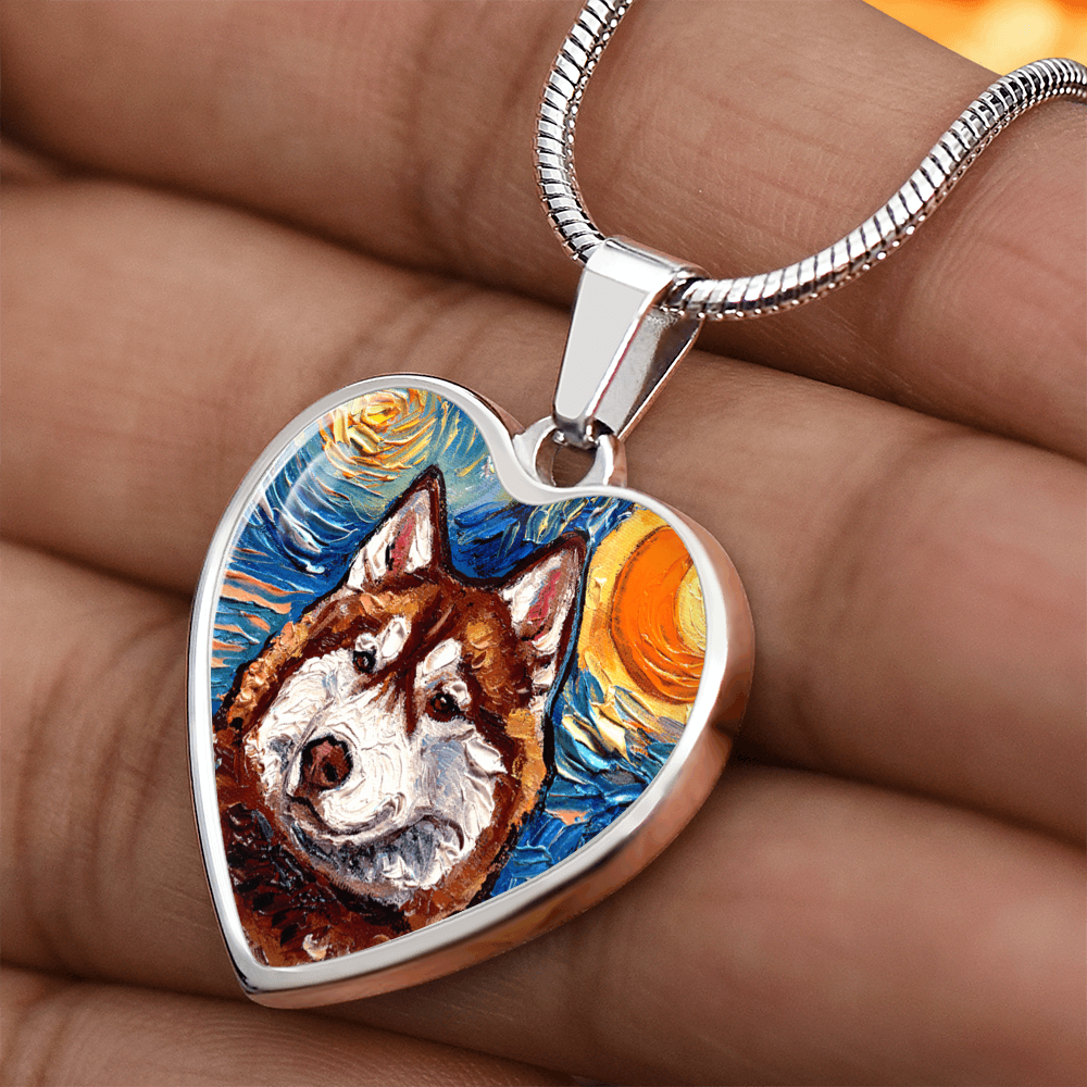 Red and White Husky Portrait Starry Night Heart Necklace