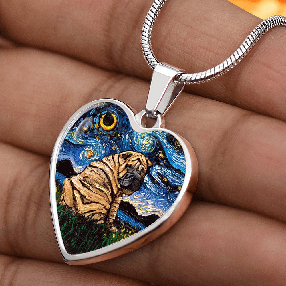 Brown Shar Pei Starry Night Heart Necklace