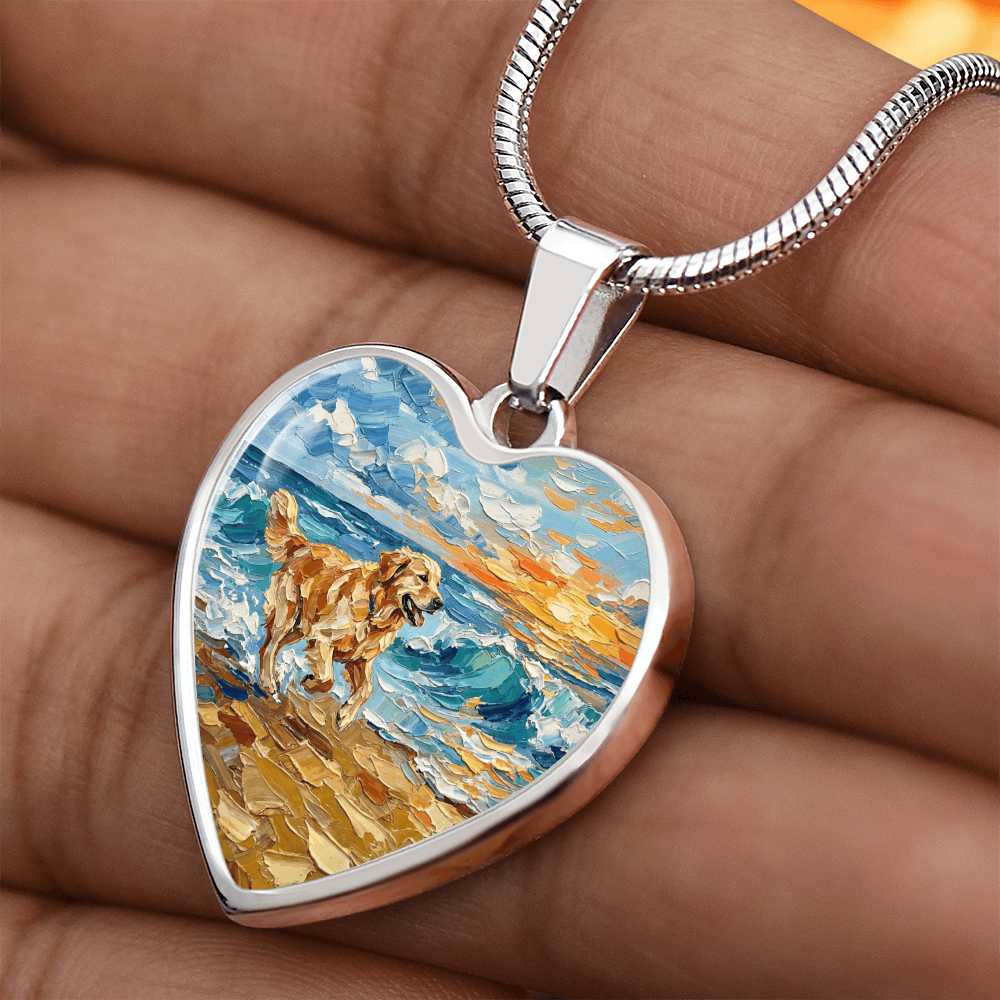 Frolicking Golden Retriever Heart Necklace
