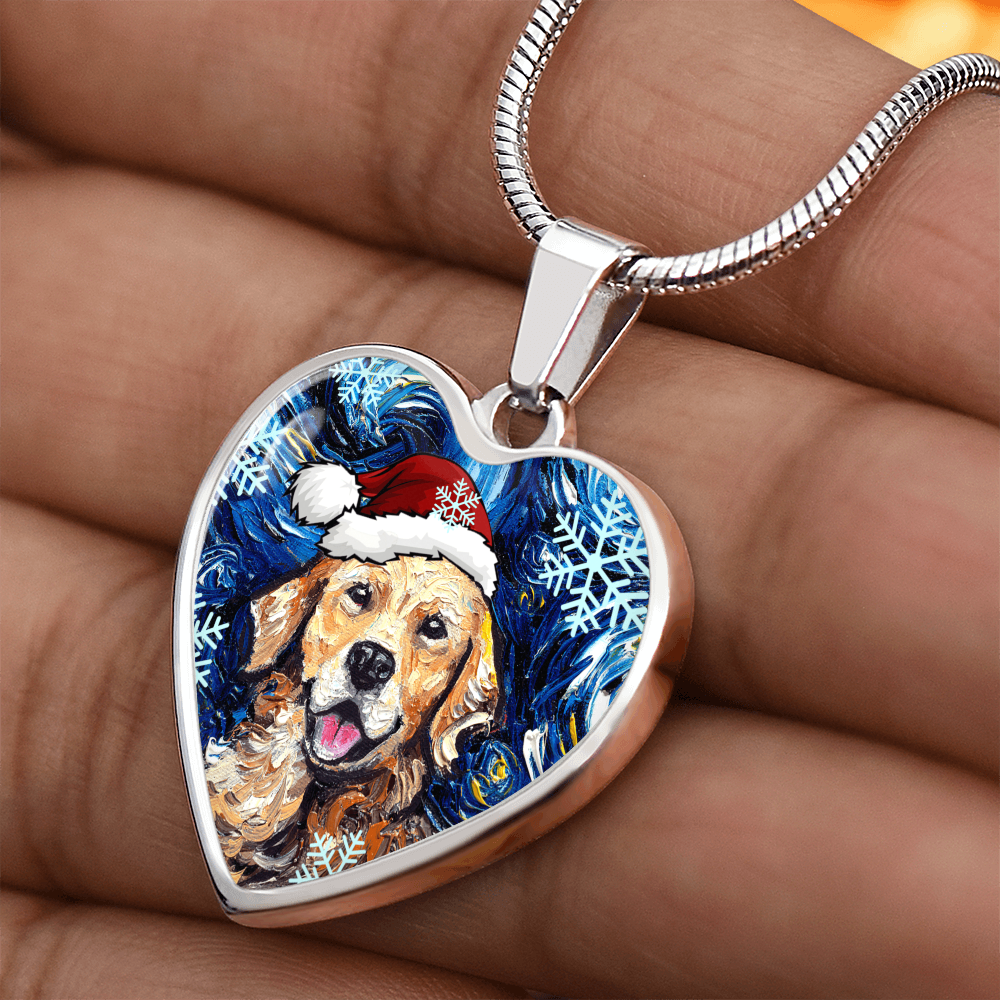 Golden Retriever in Santa Hat Starry Night Heart Necklace