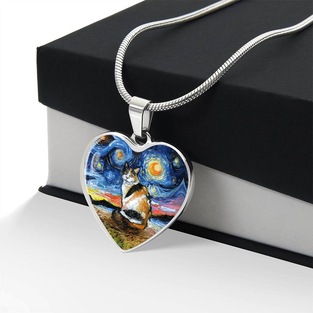 Calico Cat Starry Night Heart Necklace