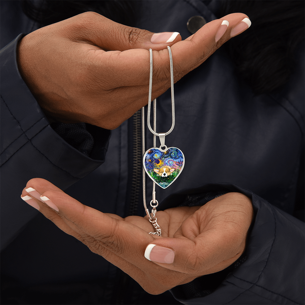 Sleeping Corgi Starry Night Heart Necklace