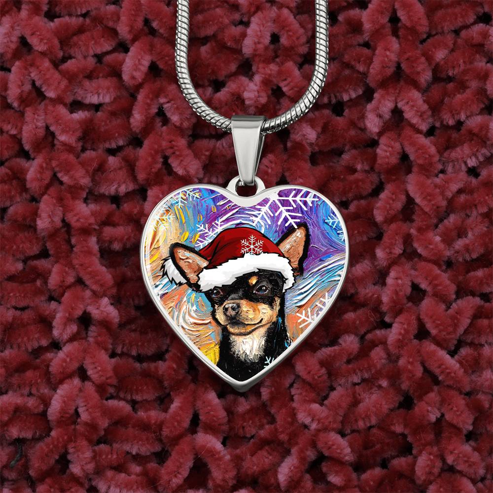 Santa Black and Tan Chihuahua Heart Necklace