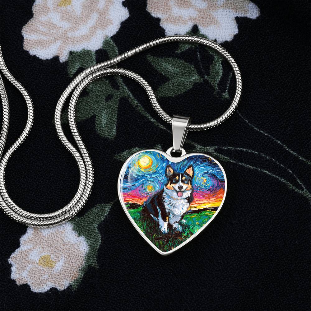 Tri Color Corgi Starry Night Heart Necklace