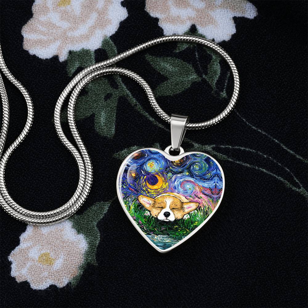 Sleeping Corgi Starry Night Heart Necklace