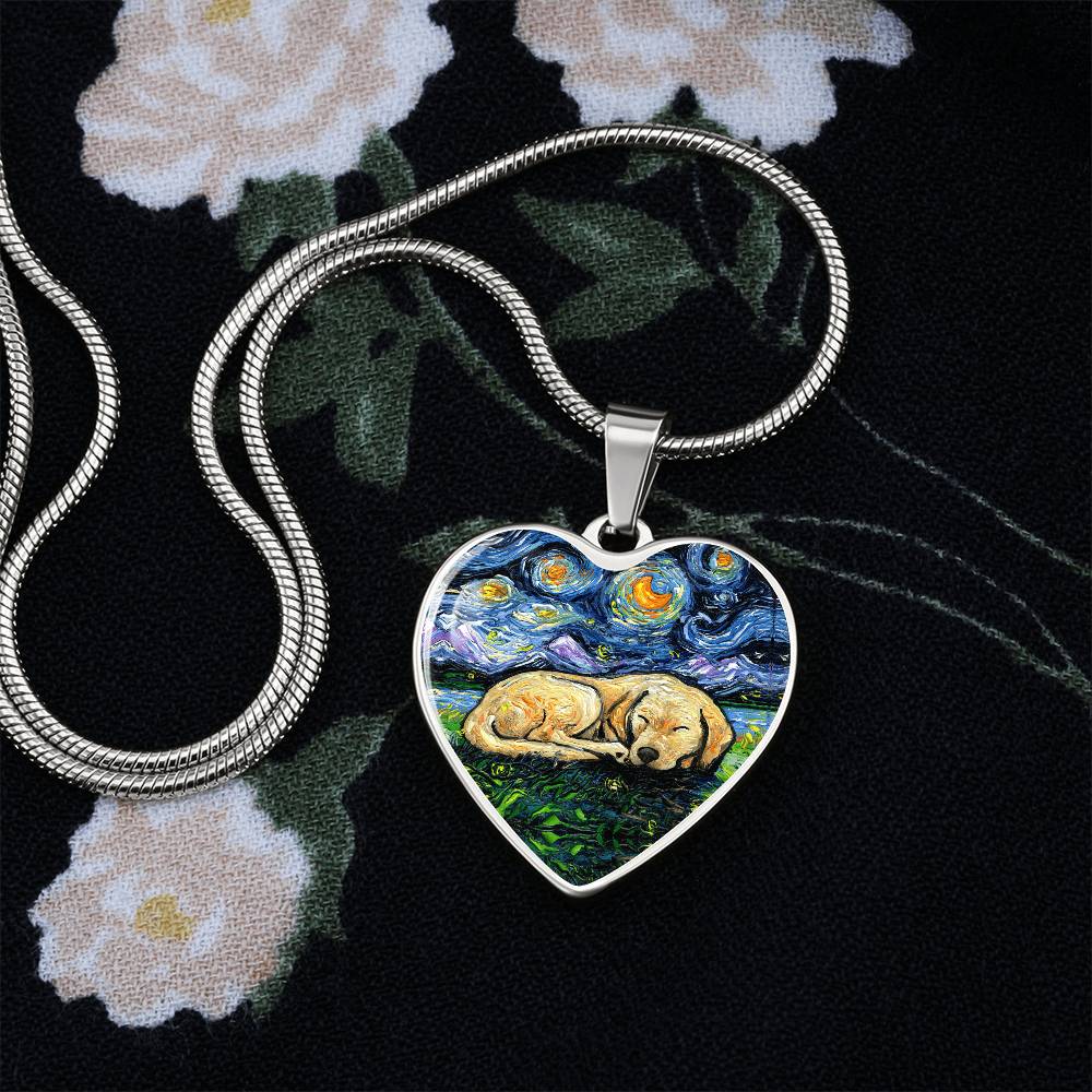 Sleeping Yellow Labrador Starry Night Heart Necklace