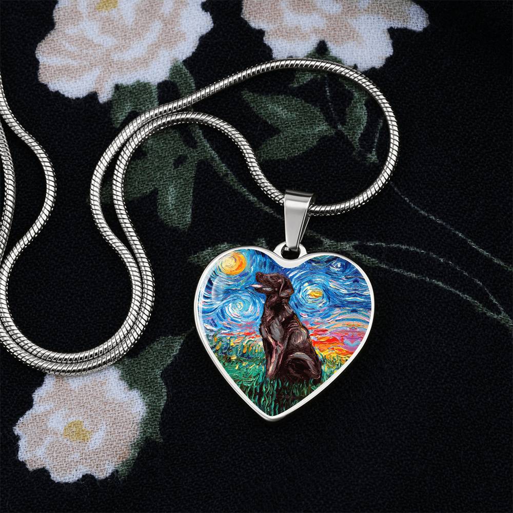 Chocolate Labrador Starry Night Heart Necklace