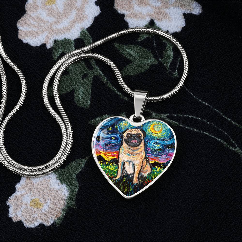 Fawn Pug Starry Night Heart Necklace