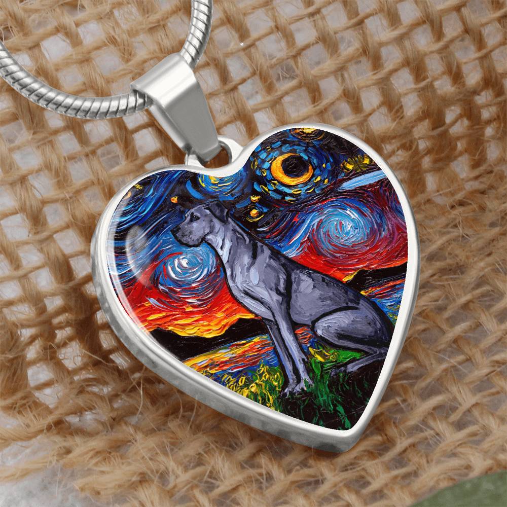 Blue Great Dane Starry Night Heart Necklace