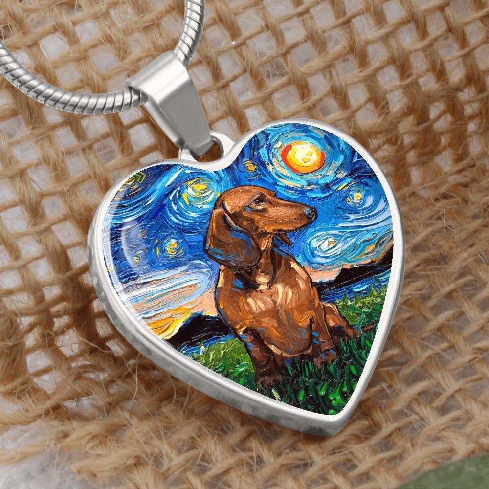 Brown Dachshund Starry Night Heart Necklace